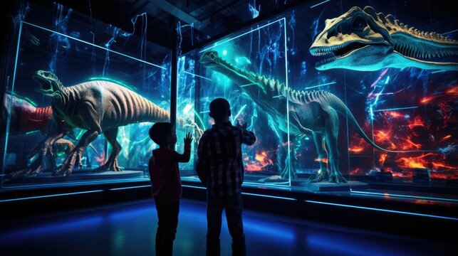 Photograph of a futuristic dinosaur museum where visitors can interact with holographic dinosaurs through augmented reality technology 