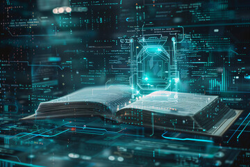 illustration of a book blended to modern technology with a holographic book, dots and line being connected representing a power of a knowledge in a modern era