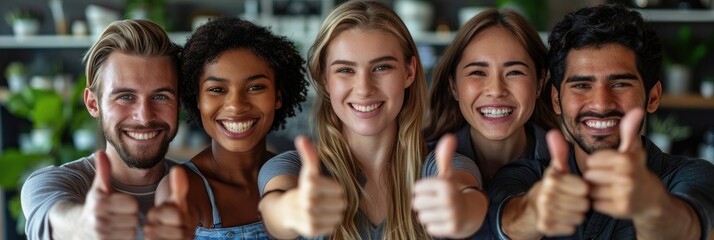 Group of diverse young people smiling and showing thumbs up, signifying approval and positivity, in an outdoor setting with a vibrant background.