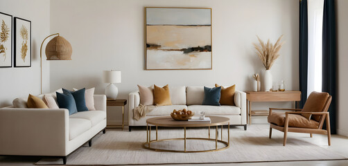 Contemporary living room with neutral tones, comfortable seating, and a minimalist sofa set adorned with a large abstract painting