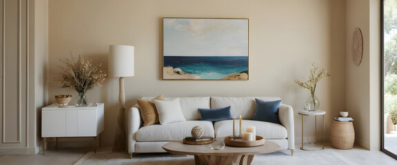 Tranquil and chic living room design showcasing a cozy sofa, seascape artwork, and cohesive neutral color scheme with decorative accents