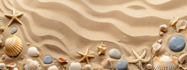 Top view of beautiful beach sand background with stone, starfish and shells. Summer concept banner design with copy space