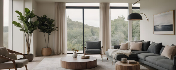 Fototapeta premium Serene home atmosphere with minimalist design, panoramic nature views, and neutral-toned furniture in a spacious living room