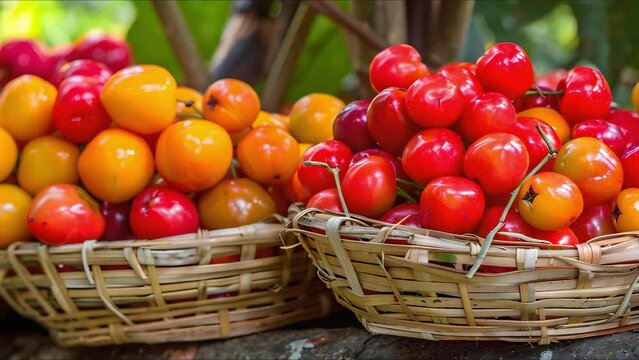 Preservation of biodiversity in the Amazon forest through straw baskets of acerola berries. Concept Biodiversity Preservation, Amazon Forest, Straw Baskets, Acerola Berries, Sustainable Practices