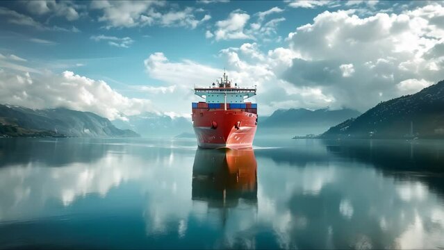 Navigating the calm seas: A red cargo ship fully loaded and sailing smoothly. Concept Ocean Voyage, Cargo Ship, Smooth Sailing, Red Vessel, Nautical Adventure