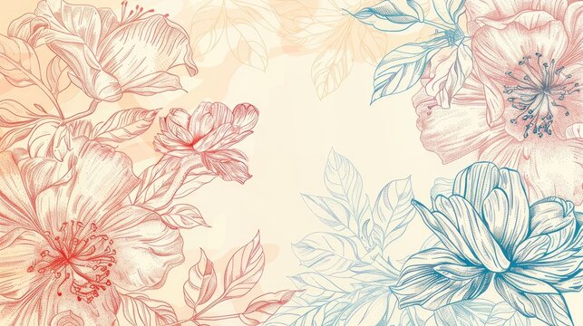 Fototapeta Blue and red peony flowers on beige background.