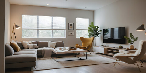 Cozy and chic living room with a comfortable sofa, stylish accent chair, and decorative plants creating a welcoming atmosphere