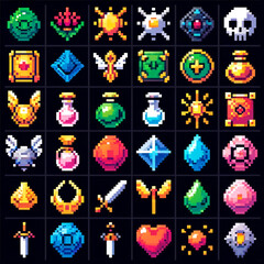 A collection of pixel art RPG-style holy grails with various designs and colors