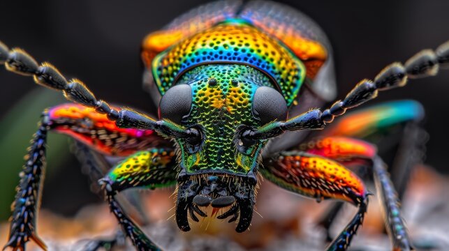  A macropterous insect with a multi-colored exoskeleton, long limbs, and a large, black cephalothorax, situated atop a mossy