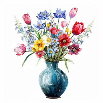 recommend clip art: A vase of colorful spring flowers watercolor clipart illustration on white background