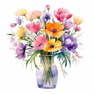 recommend clip art: A vase of colorful spring flowers watercolor clipart illustration on white background