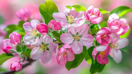 Obraz premium A tight shot of blooms on a flower branch, displaying green foliage and rosy-pink and white flowers at image center, against a softly blurred backdrop
