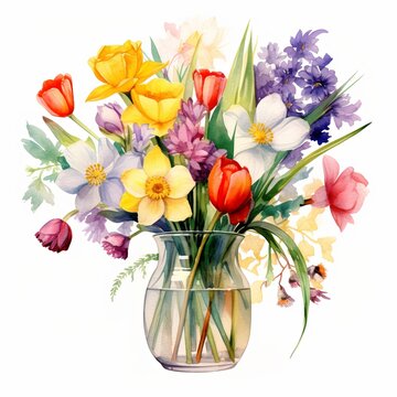 recommend clip art: A vase of colorful spring flowers watercolor clipart illustration on white background