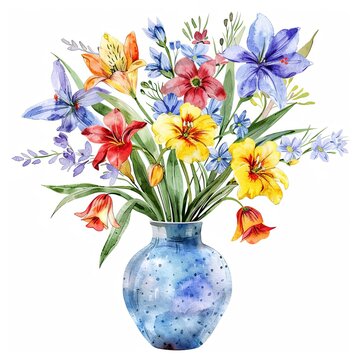 recommend clip art: A vase of colorful spring flowers watercolor clipart illustration on white background