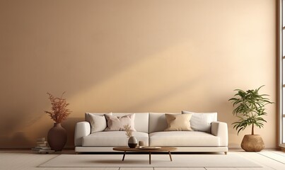 Beige Living Room Interior Mockup With Sofa and Coffee Table in Natural Sunlight