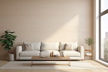 Beige Living Room Interior Mockup With Sofa and Coffee Table in Natural Sunlight