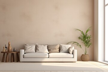 Beige Living Room Interior Mockup With Sofa and Coffee Table in Natural Sunlight