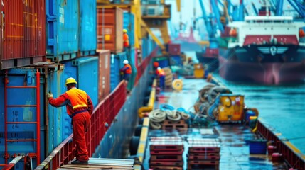 A dynamic image of workers bustling about in a colorful industrial port, showcasing the energy and activity of the maritime industry. 