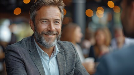Fototapeta premium Smiling middle-aged man with beard in a suit, enjoying conversation in a lively cafe with warm lights in the background.