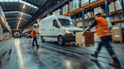 A dynamic image of workers passing boxes down a line towards a waiting delivery van, illustrating the workflow in a busy warehouse.