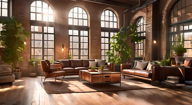 Cozy living room interior in industrial style with brick walls