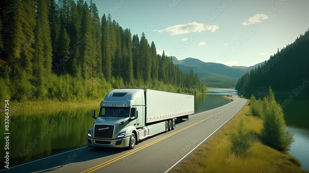 Wall mural White Semi Truck Driving on a Winding Road Near a Lake in a Forest Natural Landscape