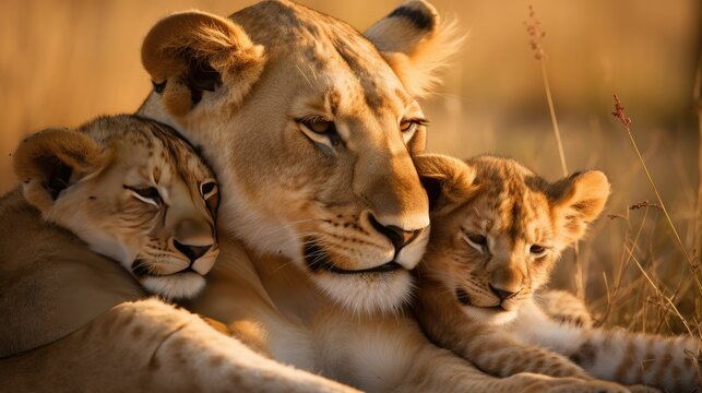 photograph of a lioness grooming her cubs, their eyes closed in contentment 