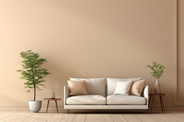 Modern Beige Living Room Interior Design Mockup With Sofa and Coffee Table House Plant Sunlight