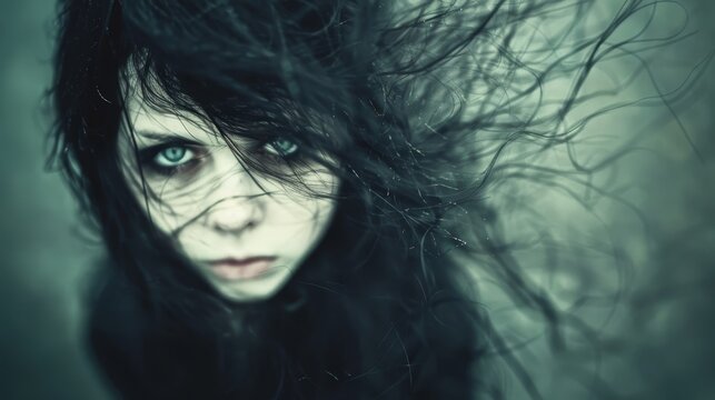  A woman's face, closely framed Hair sways with the wind Blue eyes fixate on the camera, expression serious