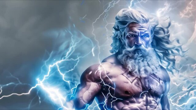 Zeus Greek god of the sky and thunder ready to unleash lightning. Concept mythology, greek god, Zeus, lightning, sky