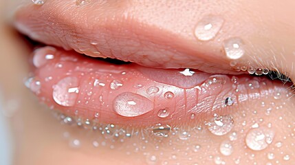 Fototapeta premium A close-up of a person's lips with water droplets, on a white background