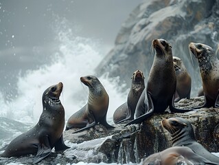 Majestic Sea Lions Basking on Rugged Coastal Rocks with Crashing Ocean Waves in the Background - Powered by Adobe