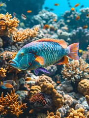 Obraz premium Vibrant Parrotfish Grazing on Coral Reef Maintaining Underwater Ecosystem