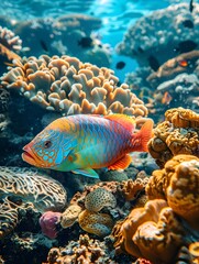 Obraz premium Colorful Parrotfish Nibbling on Vibrant Coral Reef in Underwater Ocean Ecosystem