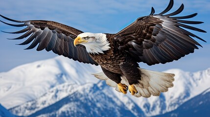 Fototapeta premium Photograph of a majestic bald eagle soaring high above snow-capped mountains, its wings outstretched against a clear blue sky 