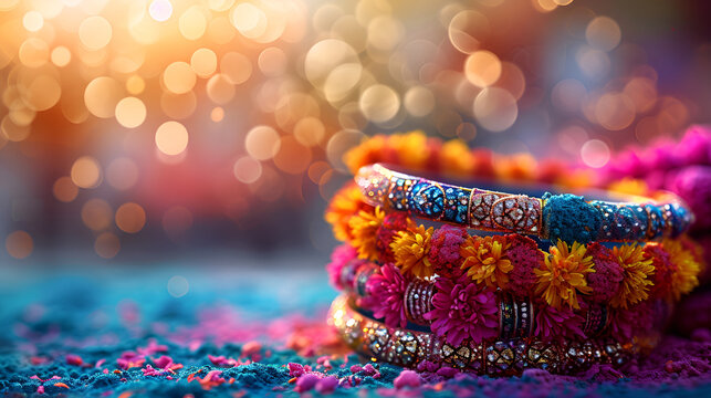 Colorful bangles scattered on the ground against a vibrant backdrop. A lively and eye-catching image.