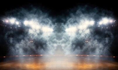 Naklejka premium Basketball Court in Bright Stadium Arena Colorful Lights and Smoke in the Background