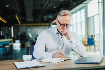 Mature businessman working while sitting in the office. A middle-aged executive is working in the office using a laptop. Emotional businessman