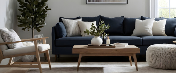 Contemporary minimalist living room showcasing a chic navy blue couch with cushions, wooden decor, and vibrant indoor greenery