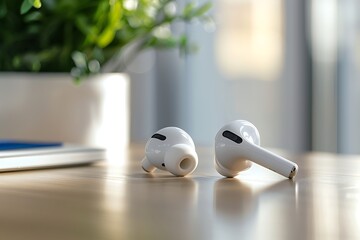 Apple air pods white headphones on blurred table