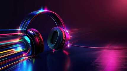 A modern graphic design featuring sleek headphones emitting colorful light patterns, ideal for promoting immersive audio experiences.