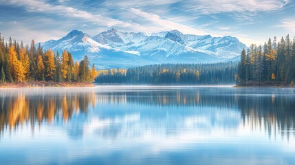 Obraz premium A lake with a mountain backdrop, trees in the foreground, and a blue sky dotted with white clouds