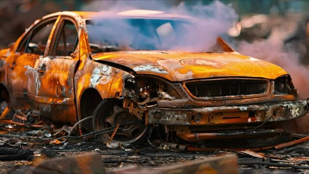 Scorched Car Wreckage with Scattered Iron Parts and Debris. Concept Scorched Car Wreckage, Iron Parts, Debris, Aftermath, Vandalism, Scrapyard