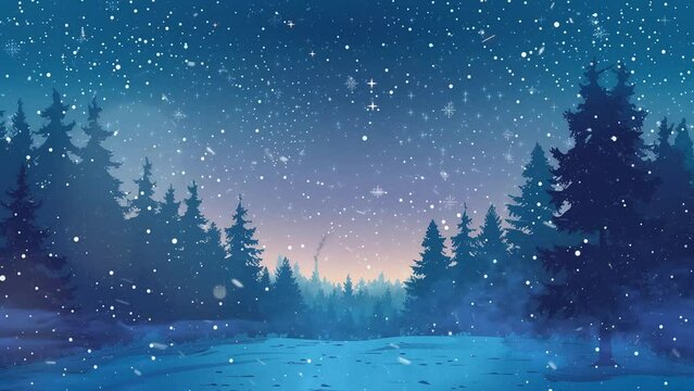 beautiful scenery with winter wonderland background with starry night sky. seamless looping overlay 4k virtual video animation background