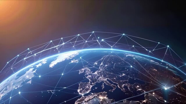 Global Connectivity: Earth's Cities Linked by Blue Lines. Concept Earth's Cities, Global Connectivity, Blue Lines, Urban Network, Interconnected World