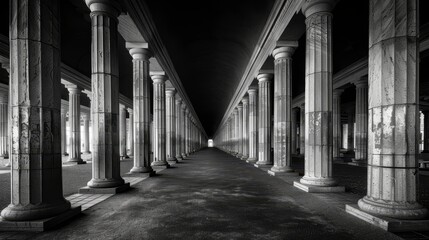 a row of pillars flanked by columns, ending in a solitary light