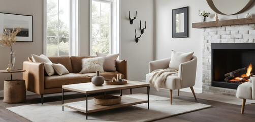 Inviting contemporary living space featuring a crackling fireplace, cozy seating, and soothing neutral hues for a tranquil home ambiance