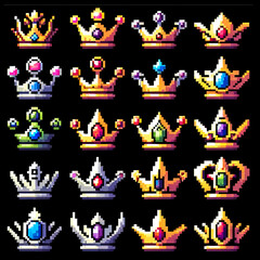 A collection of pixel art RPG-style crowns with various designs and colors