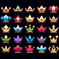 A collection of pixel art RPG-style crowns with various designs and colors