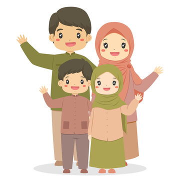 recommend clip art: Happy four members of Muslim family portrait waving hands. Parents and children character cartoon vector. 
